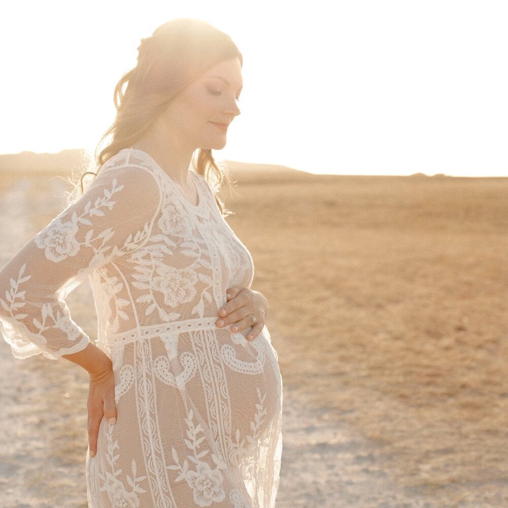 Long Sleeve White Lace Floral Maternity Maxi Photoshoot Dress w/ Tan Slip Dress